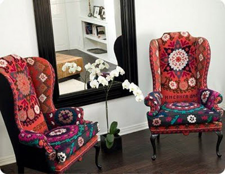 suzani upholstered wingback chair pair